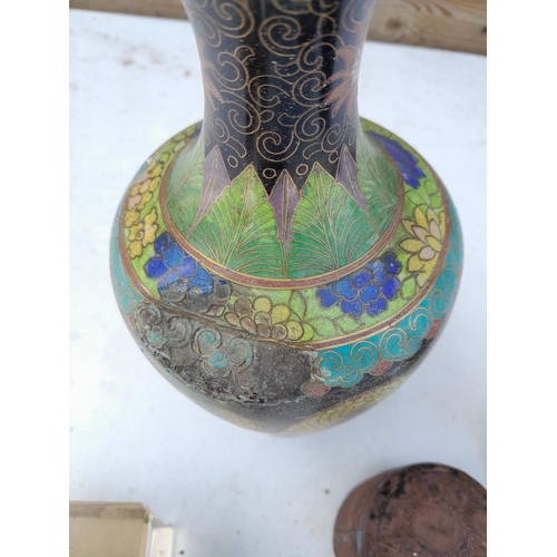 274 - Damaged 19th century Chinese cloisonne vase, travelling glass in leather case, cut glass ink well