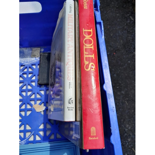 379 - Volumes with antique collecting theme, Dolls, Staffordshire Blue and white, coins and medals