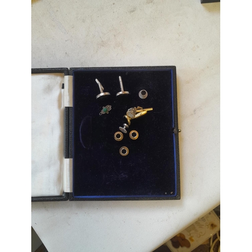 405 - Various plated and other cuff links and studs, silver ring, jade and silver pendant etc.