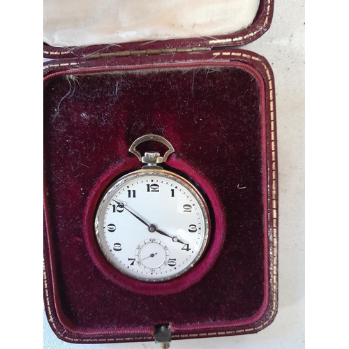 406 - Vintage pocket watch in 18 ct gold case with light niello work down case sides in box of issue