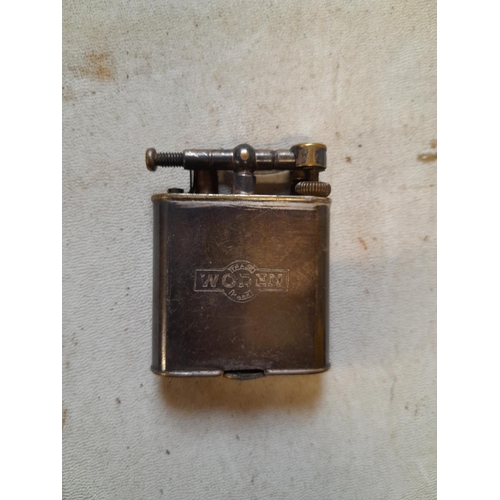 147 - Late 1920s Dunhill silver plated lighter with lift arm action advertising Woden  (London Financial I... 