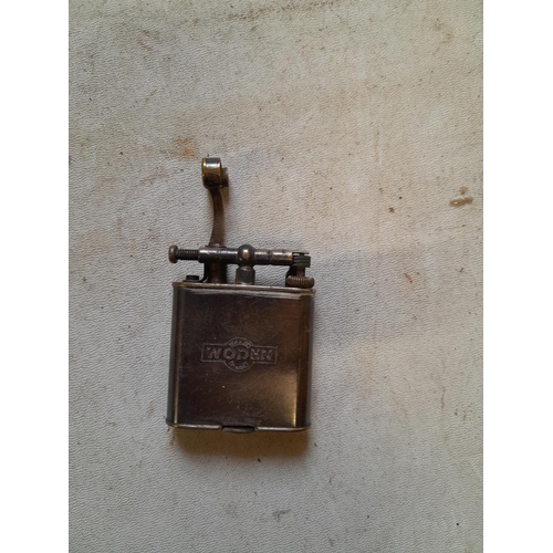 147 - Late 1920s Dunhill silver plated lighter with lift arm action advertising Woden  (London Financial I... 