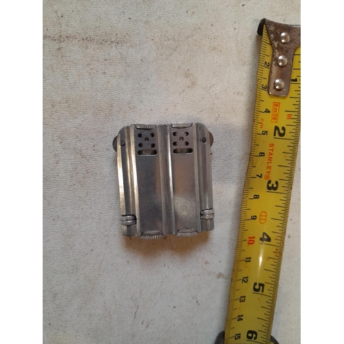 163 - Unusual vintage aluminium pocket lighter, double petrol tank Pat applied for mark