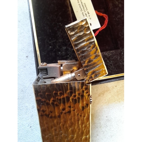 210 - Alfred Dunhill gold plated bark finish Rollagas lighter in original box of issue with original paper... 