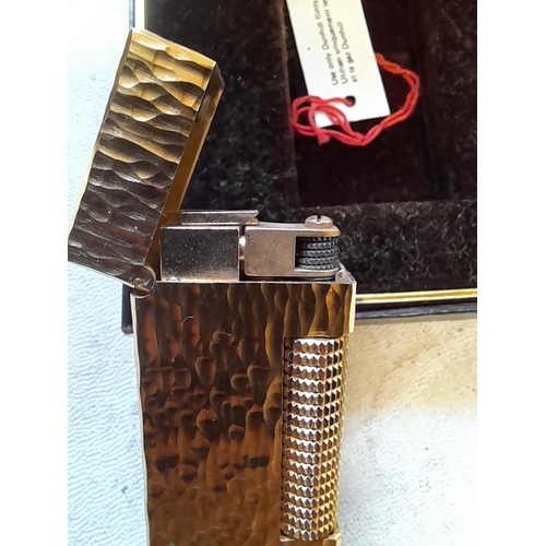 210 - Alfred Dunhill gold plated bark finish Rollagas lighter in original box of issue with original paper... 