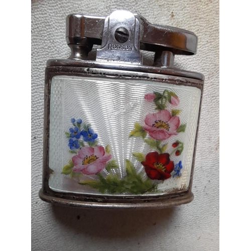 226 - Ronson silver jacketed pocket lighter with guilloche enamel floral decoration Pat 621570 note some m... 