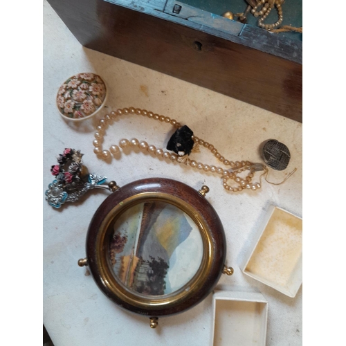 2 - Victorian mahogany pen / candle box with some costume jewellery, vintage ships wheel frame