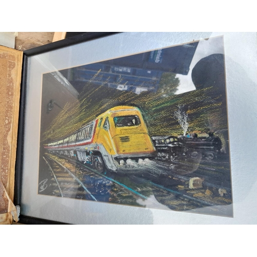 97 - Various pictures and prints, frames suitable for re purposing, charcoals and chalk railway and pilch... 