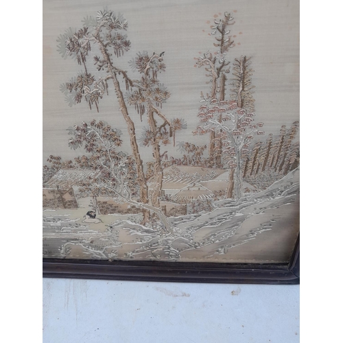 99 - Early 20th century Oriental silkwork in Chinese hardwood solid back frame