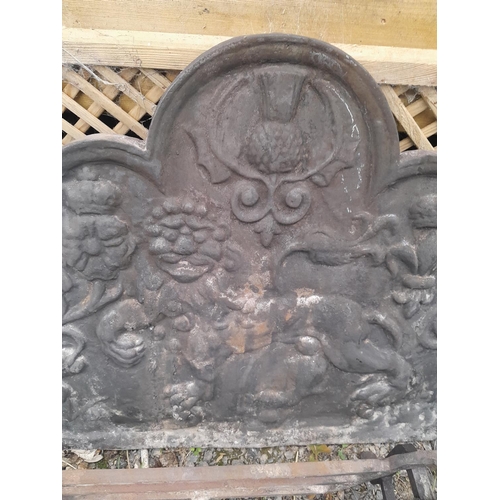 114 - 19th century fire back plaque depicting emblems of Great Britain and Lion with fire basket on stand,... 