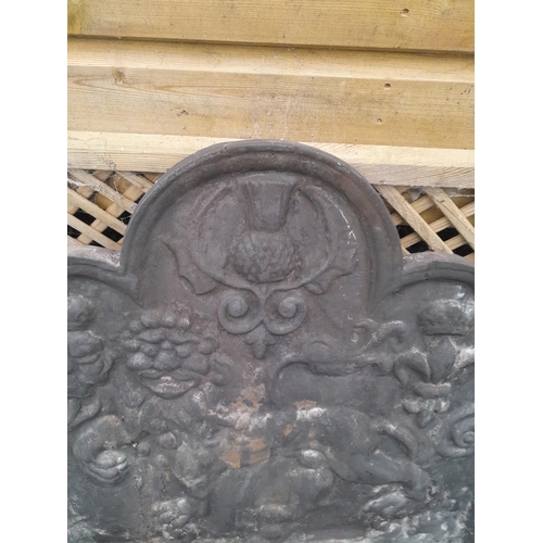 114 - 19th century fire back plaque depicting emblems of Great Britain and Lion with fire basket on stand,... 