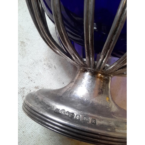 140 - Silver table salt with wire decoration and blue glass liner Birm. 1934 A Marston & Co  74 g