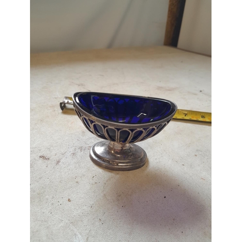 140 - Silver table salt with wire decoration and blue glass liner Birm. 1934 A Marston & Co  74 g