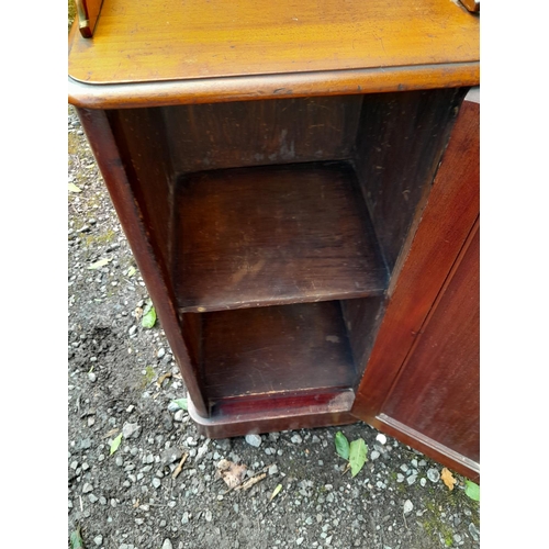 147 - Victorian mahogany bedside cupboard with splashback 39 cms x 36 cms x 82 cms