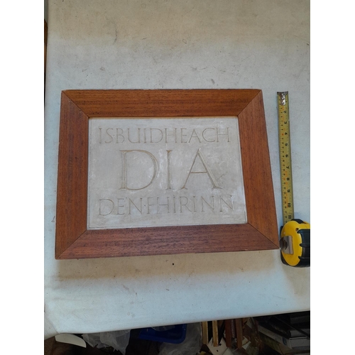 618 - Stone carving wall plaque in mahogany frame by known stone mason George L Thomson,