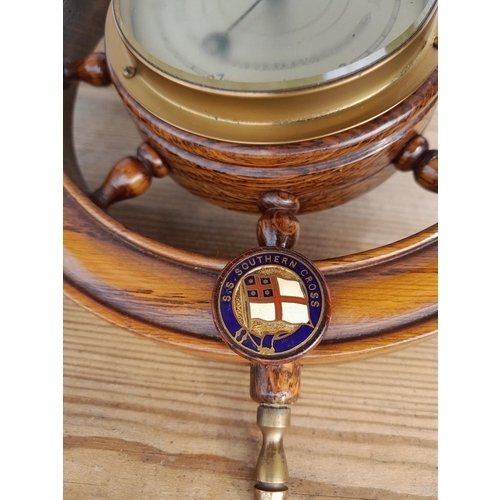 46 - Vintage Ships Wheel barometer with badge SS Southern Cross in good order : Maritime interest.