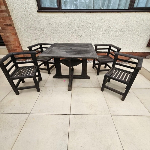 1 - Garden patio hardwood (teak ) furniture set, Table 91cm x 91cm x 72cm H. Chairs 45cm x 45cm x 39cm t... 