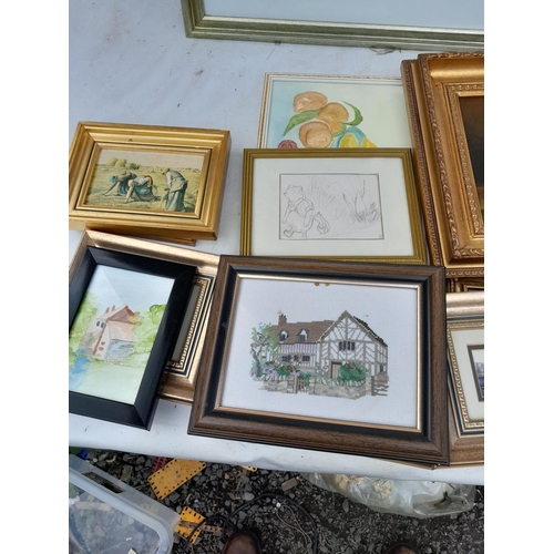 12 - Pictures, prints , watercolours, frames suitable for re purposing, mirror, 2 x oils on canvas still ... 