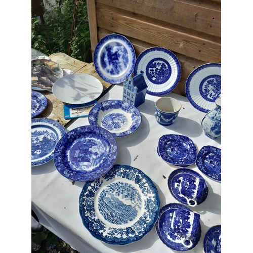 173 - Large array of blue and white china : Victorian flow blue plates, part tea set, some with damages ma... 