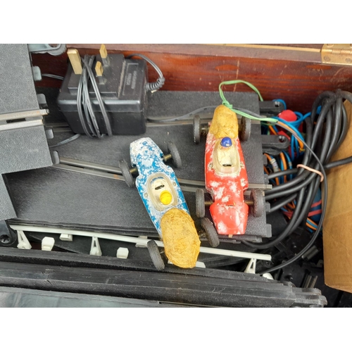 190 - Electrolux wooden hoover box of Scalextric track with some cars suitable for restoration or spares