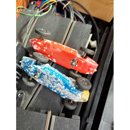 190 - Electrolux wooden hoover box of Scalextric track with some cars suitable for restoration or spares