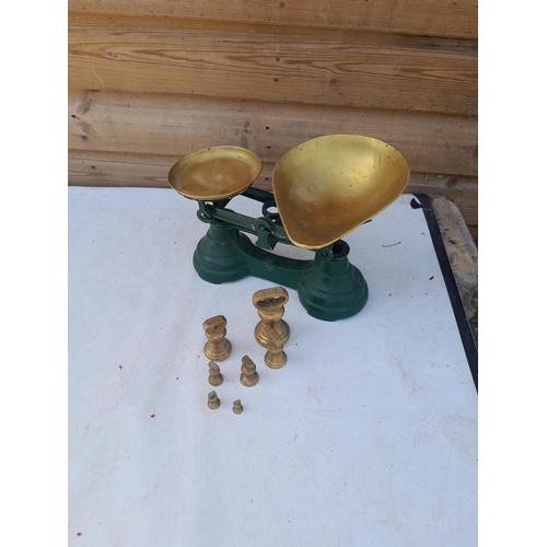 249 - Vintage stainless steel Viners cutlery & painted  kitchen scales with brass weights