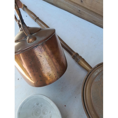 251 - 19th century copper kettle with brass seam and vintage jelly moulds and warming pan