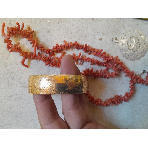 12 - 2 x Vintage coral necklaces, carved mother of pearl pendant & engraved gold CORE hinged bangle