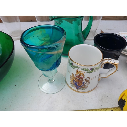 29 - Decorative china and glassware : Spode Commemorative tankard, coloured glass,  etc.