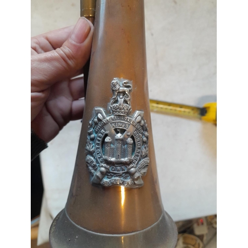 38 - Vintage copper bugle with regimental badge Kings Borders