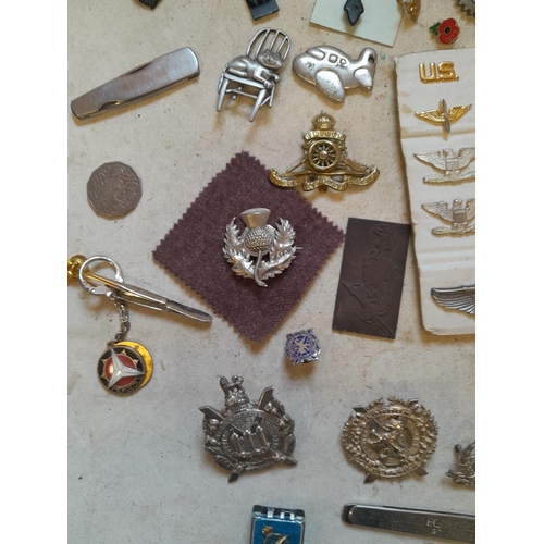 45 - Array of military interest cap badges, advertising penknife, pince nez etc.