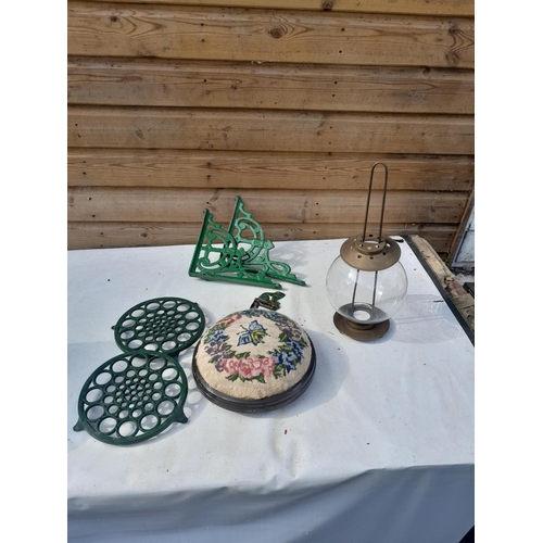 61 - Cast iron ware, footstool hanging lamp etc.