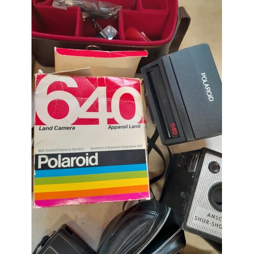 275 - Box of camera accessories including tripod & Polaroid 640 Land camera in box of issue