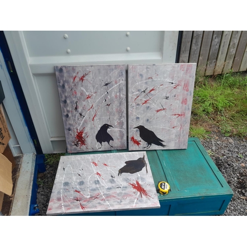 317 - 3 x modern oils on Canvas signed by artist : Studies of Ravens 50 cms x 73 cms