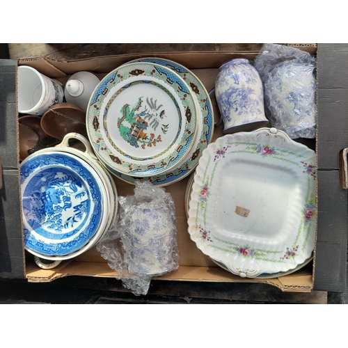 341 - Box of decorative china, copper scales etc.