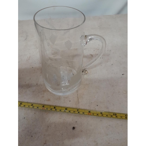 350 - Early 20th century cut and etched glass tankard with Colonial and slave interest,