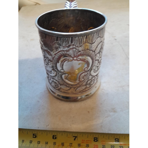 435 - Georgian silver tankard with later Victorian floral decoration, Acanthus leaf sprig and hoof handle ... 