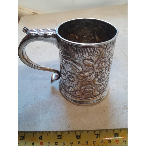 435 - Georgian silver tankard with later Victorian floral decoration, Acanthus leaf sprig and hoof handle ... 