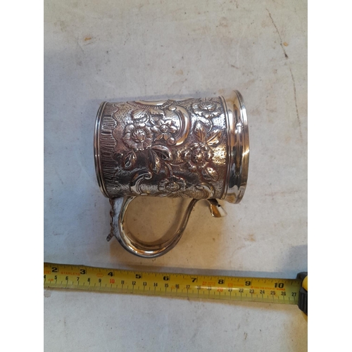 435 - Georgian silver tankard with later Victorian floral decoration, Acanthus leaf sprig and hoof handle ... 