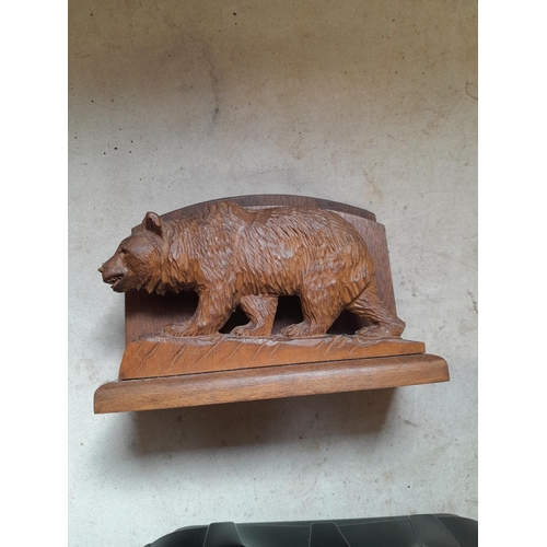 648 - Black Forest vintage carved bear letter rack, German pipes and salt glazed tankard