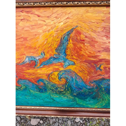 777 - Oil on board By T M Mitchell, 1972 Seascape with Birds and Sunset, framed early work, 56 cms x 76 cm... 