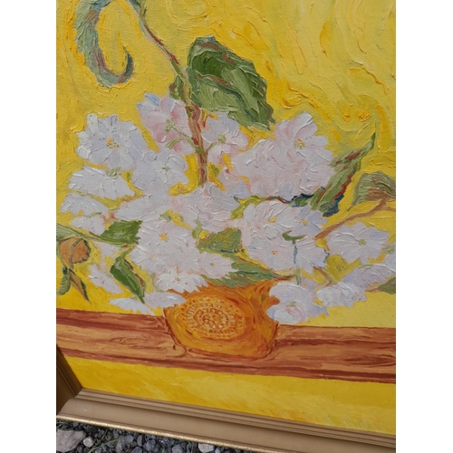 782 - Oil on board By T M Mitchell, earl framed work 1969 Blossom, 70 cms x 60 cms