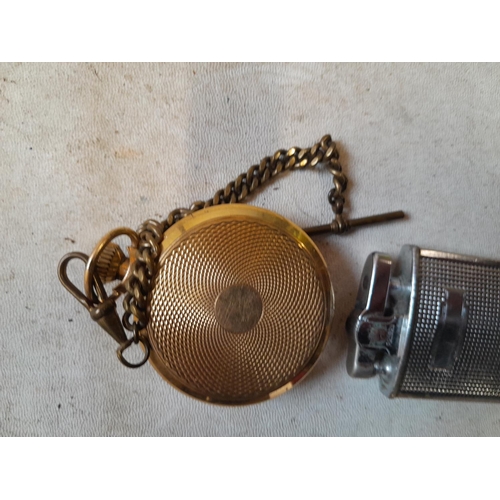 94 - Modern plated fob watch on chain (for spares repair) with Ronson Cadet lighter