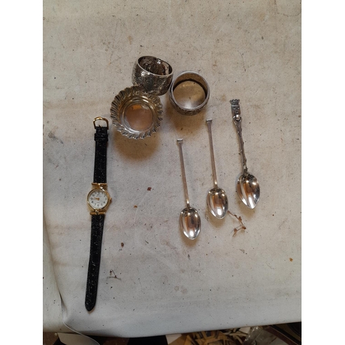 26 - 2 x silver teaspoons & 2 x silver serviette rings and plated ware and watch