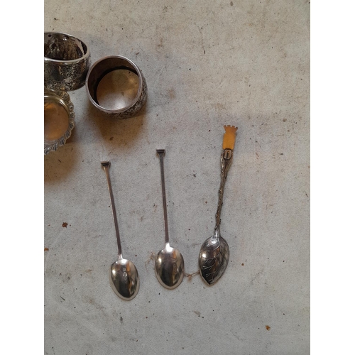 26 - 2 x silver teaspoons & 2 x silver serviette rings and plated ware and watch