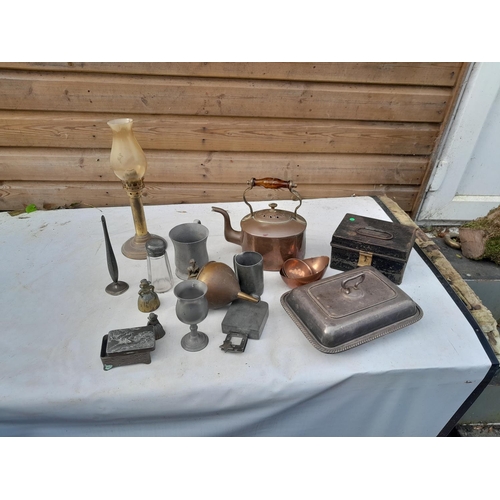 34 - Silver plate, pewter and copper, glass handle kettle, brass lamp & bells, hotel plate etc.