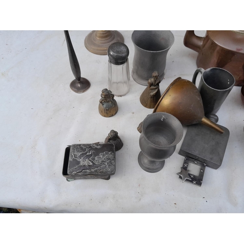 34 - Silver plate, pewter and copper, glass handle kettle, brass lamp & bells, hotel plate etc.