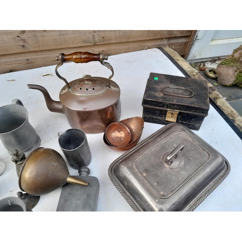 34 - Silver plate, pewter and copper, glass handle kettle, brass lamp & bells, hotel plate etc.