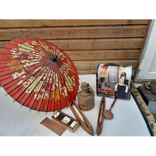 36 - Vintage Japanese parasol, note tear, bone dominoes, vintage shuttles etc.