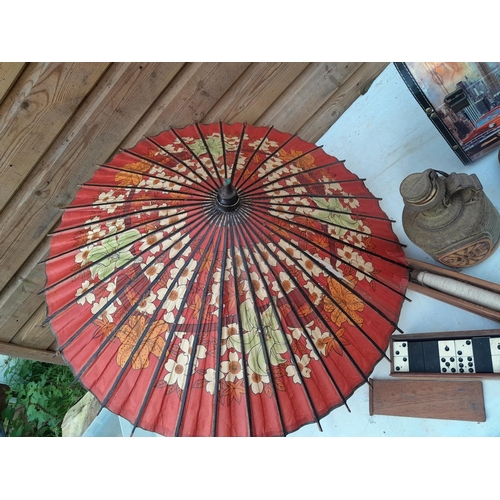 36 - Vintage Japanese parasol, note tear, bone dominoes, vintage shuttles etc.